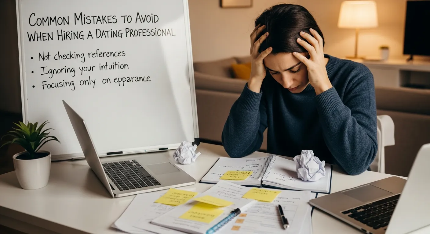 Clean lifestyle infographic illustrating common mistakes to avoid when hiring a dating professional, featuring unrealistic expectations, poor vetting of services, ignoring compatibility process, lack of communication, unclear goals, and rushed decisions in a modern elegant matchmaking design.