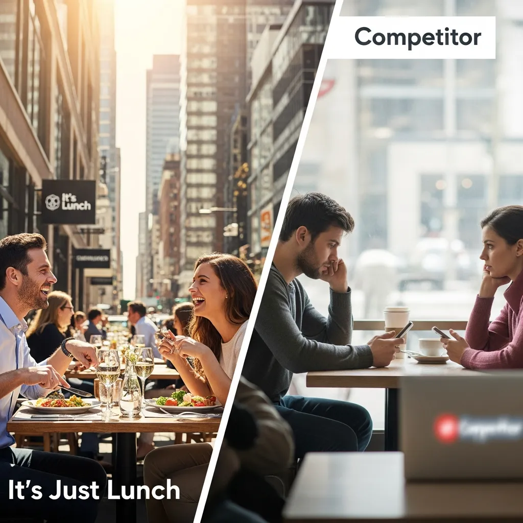 Comparison infographic of matchmaking services showing It’s Just Lunch versus competing platforms, highlighting differences in pricing, matchmaking approach, personalization, contract structure, success rates, and level of client control over selecting potential dates.