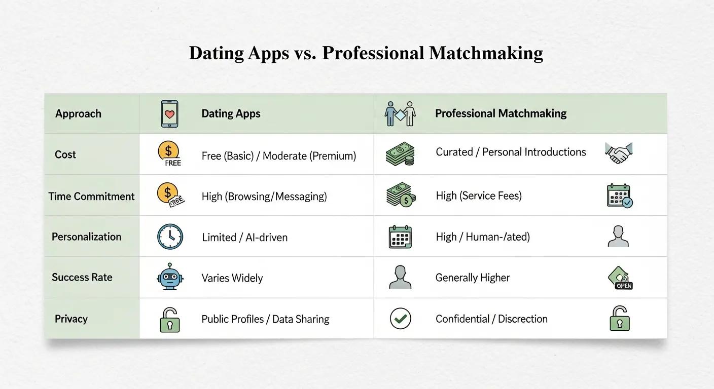 Side-by-side comparison infographic showing dating apps versus professional matchmaking, highlighting differences in matching methods, success rates, personalization, time investment, user experience, relationship quality, and long-term outcomes in a clean modern split-screen business and lifestyle design.