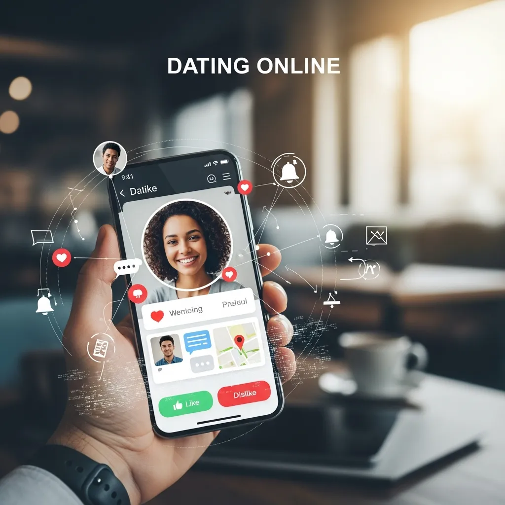 Close-up of mobile screen showing online dating profile browsing and matching features