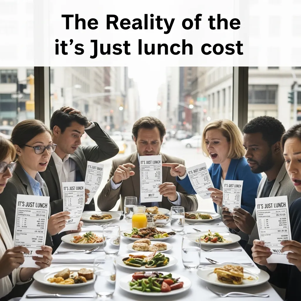 Infographic illustrating the reality of the It’s Just Lunch cost, showing membership fees, matchmaking packages, consultation charges, hidden costs, service tiers, and comparison of value versus traditional dating services and online platforms.