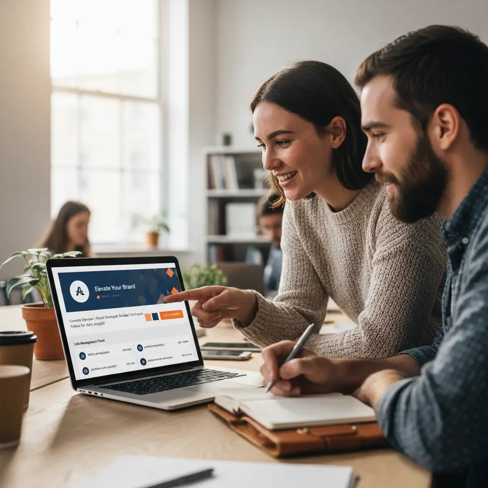 Enhancing Your Profiles for Maximum Impact – Illustration of a polished social media profile dashboard: cohesive visual identity elements (profile picture, banner, brand color swatches), a concise bio with call-to-action button, and a link management panel showing multiple tracked links.