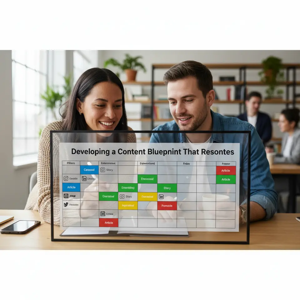 Developing a Content Blueprint That Resonates – Visual of a content calendar layout divided into four pillars (educational, entertaining, inspirational, promotional), with color-coded blocks on a monthly grid, annotated post formats (carousel, story, article) and small platform icons (Instagram, LinkedIn, Twitter).